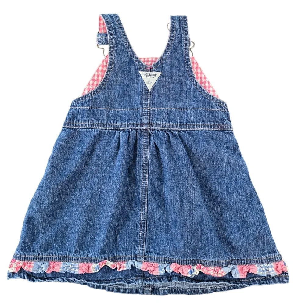 OshKosh B'gosh Vintage Baby Girl Denim Overall Dress 18 Months Pink Gingham